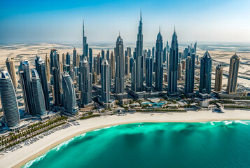 Aerial view of Dubai beachfront modern skyscrapers sunshine summer day, urban background. Backdrop of cityscape UAE houses new towers. Construction and modern architecture concept. Copy ad text space