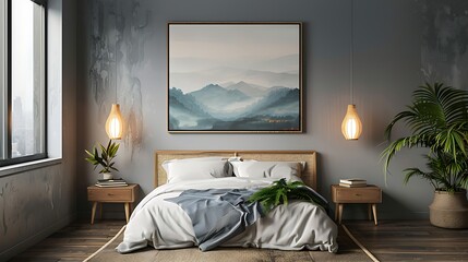 Picture frame mockup in cozy minimalist bedroom 