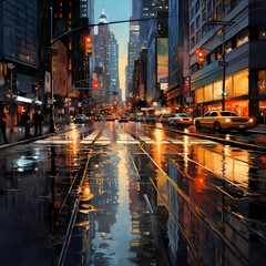 Reflections in a rain-soaked urban environment.