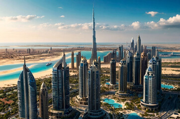 Aerial view of Dubai beachfront modern skyscrapers sunshine summer day, urban background. Backdrop of cityscape UAE houses new towers. Construction and modern architecture concept. Copy ad text space