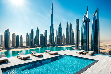 View from rooftop pool of Dubai modern skyscrapers sunny summer day, urban background. Cityscape UAE houses new city towers. Construction and modern architecture concept. Copy ad text space, wallpaper