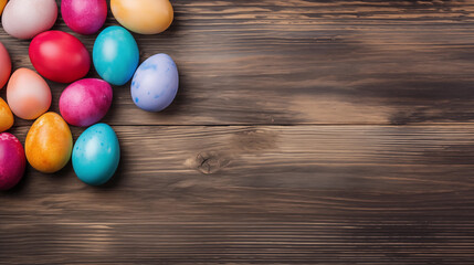 Fototapeta na wymiar colorful easter eggs on wood surface, easter background