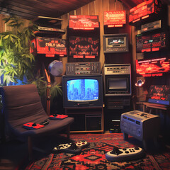 Retro gaming setup with classic consoles.