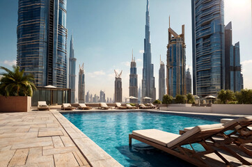 Fototapeta na wymiar View from rooftop pool of Dubai modern skyscrapers sunny summer day, urban background. Cityscape UAE houses new city towers. Construction and modern architecture concept. Copy ad text space, wallpaper