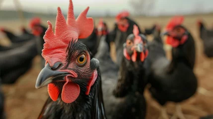 Fotobehang Black free-range farm roosters in nature against a backdrop of bright greenery in tropical countries  © Tatiana
