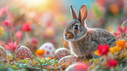 Fototapeta na wymiar Rabbit Sitting in Field of Flowers