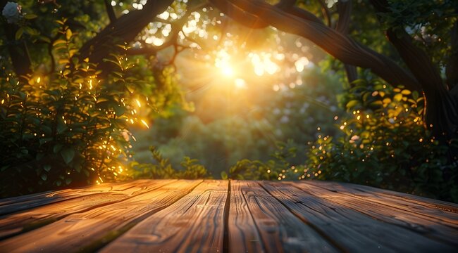 Wooden boards and pathways basking in sunlit forests, To provide a unique and visually striking set of images that showcase the natural beauty of
