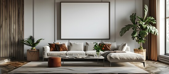 Modern Living Room with White Frame and Plants, To showcase a modern and cozy living room with a focus on the wall decor and furniture arrangement