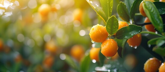 Harvest of ripe kumquats on a branch in the garden, agribusiness business concept, organic healthy food and non-GMO fruits with copy space,banner
