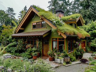 Obraz premium Eco-Friendly Green Roof House Surrounded by Lush Garden