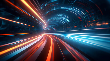 Car lights leave traces in tunnel, concept of speed and movement