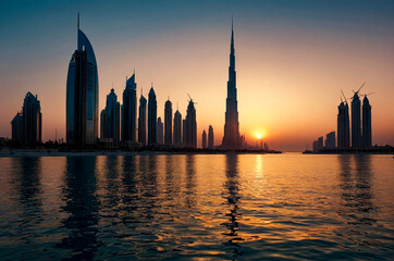 Evening view of silhouettes Dubai city modern skyscrapers at sunset background. Cityscape UAE city with new towers at dusk sky. Construction and modern architecture concept. Copy ad text space, poster