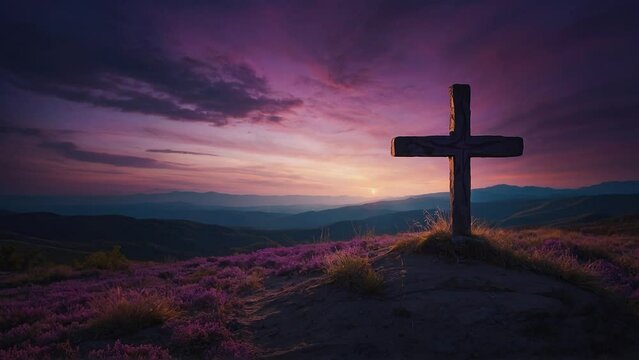 Cross Christian on the hill with sunset background loop