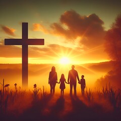 Silhouette of a family and the cross of Jesus Christ against the backdrop of an autumn sunset. Holy Easter Sunday concept. © Halina