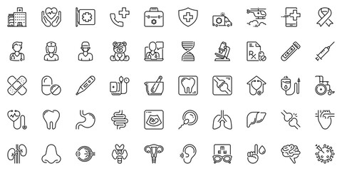 Line icons about medicine and healthcare as hospital, pharmacy, insurance, emergency and medical specialties. Editable stroke and pixel perfect.