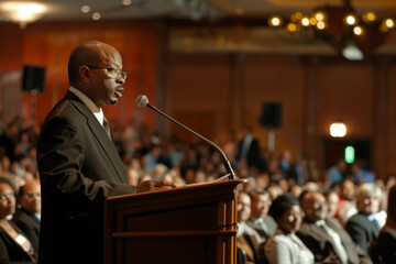 Obraz premium Inspirational Speaker Addressing Audience at Conference Event
