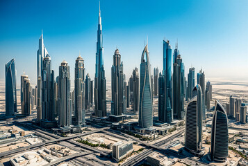 Cityscape of Dubai modern skyscrapers sunny summer day. Urban landscape of houses new city towers at blue sky background. Construction and modern architecture concept. Copy ad text space, wallpaper