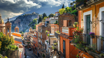 Traditional Sicilian village Taormina with view  - obrazy, fototapety, plakaty