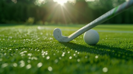 Two sleek hockey sticks crossed over a pristine white hockey ball, all resting on vibrant green grass, evoking the anticipation of a thrilling match on a sunny day. - obrazy, fototapety, plakaty