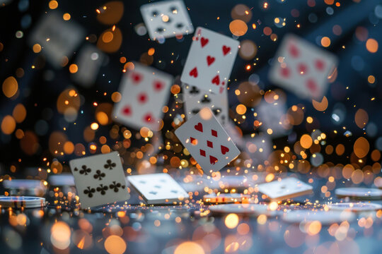 Playing Cards in Mid-Air with Bokeh Lights. Playing cards thrown in mid-air with a dramatic bokeh light effect in the dark background.