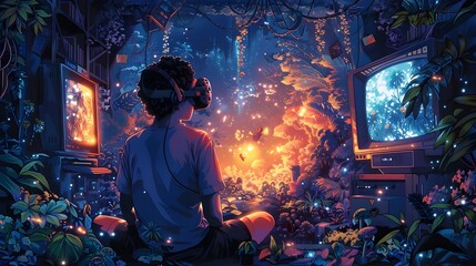 Gamer Immersed in Virtual World amidst Lush Green Aquarium and Abandoned Garden, To visually represent the harmony between nature and technology,