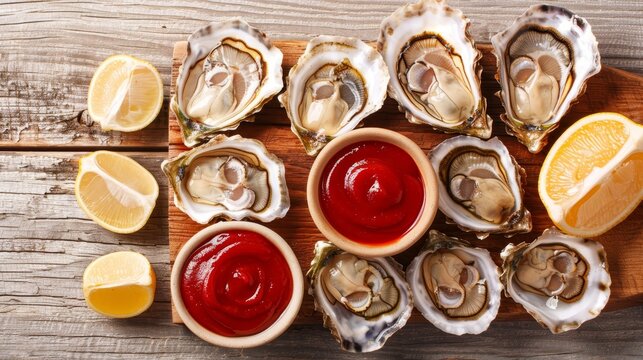 Exquisite oyster dish presentation in hyperrealistic high resolution top down view