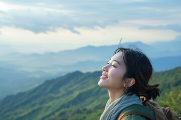 Majestic Moments: Asian Beauty Absorbing the Mountain Air