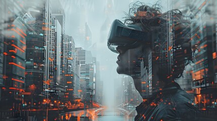 Futuristic Person Viewing City in Virtual Reality, To convey a sense of the future and the power of virtual reality, this image is perfect for