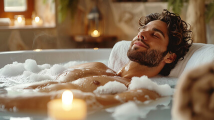 Serene Man Enjoying Relaxing Bubble Bath with Candles