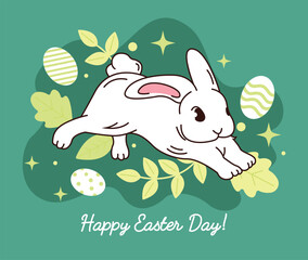 Happy Easter greeting card. Cute rabbit vector illustration on pale green background with floral elements. Easter cartoon hand drawn sketches of rabbits. Happy Easter elements.