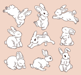 Cute rabbit vector illustration set. Easter cartoon bunny isolated on beige background. Hand drawn sketches of rabbits. Happy Easter elements.