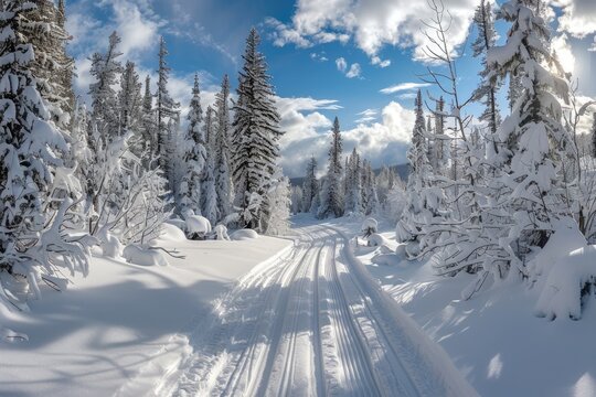A panoramic view of a crosscountry skiing trail through a winter wonderland