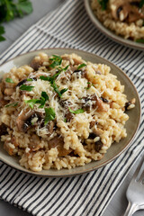 Homemade One-Pot Bacon And Mushroom Risotto on a Plate, side view.