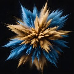 A  dynamic explosion of vivid blue gold glitter sand dust against a dark backdrop