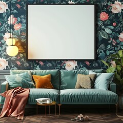 Blank picture frame mockup in colorful  living room with flower chinoiseries style wallpaper 