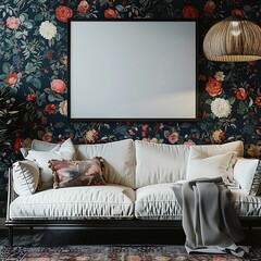 Blank picture frame mockup in colorful  living room with flower chinoiseries style wallpaper 