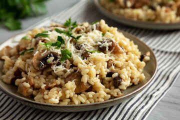 Homemade One-Pot Bacon And Mushroom Risotto on a Plate, low angle view.