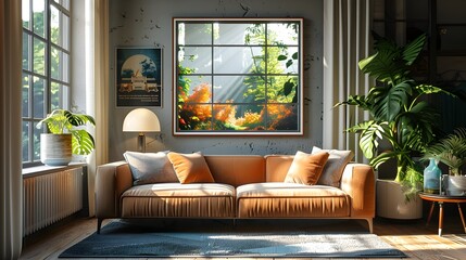 Lush Plants Growing on Wall in Digital Fantasy Living Room, To provide a visually appealing and calming digital fantasy living room backdrop with