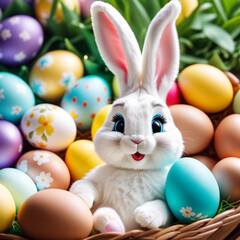 Fototapeta na wymiar Cute Easter pink and white bunny with blue eyes sits in a basket with colorful chicken eggs