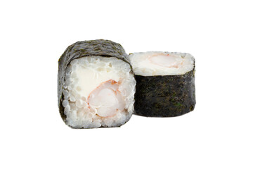 Sushi closeup isolated on white background. Sushi with seaweed nori, shrimp rice and Philadelphia...