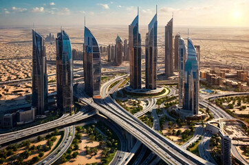 Aerial view of cityscape district Dubai with interchange highway and modern skyscrapers. Urban background of UAE city business new towers. Construction and modern architecture concept. Copy text space