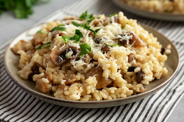 Homemade One-Pot Bacon And Mushroom Risotto on a Plate, low angle view. Close-up.
