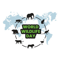 World Wildlife Day vector. Wild animals silhouette. Green planet vector. Planet Earth with fauna and flora vector. Environmental concept vector. Wildlife Day Poster, March 3. Important day