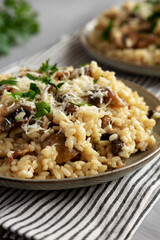 Homemade One-Pot Bacon And Mushroom Risotto on a Plate, low angle view. Close-up.