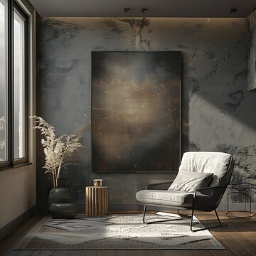 Grey panorama pictures frame mockup in a modern living room, with luxury style