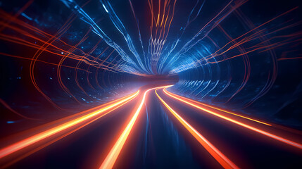 Car lights leave traces in tunnel, concept of speed and movement - obrazy, fototapety, plakaty