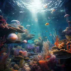 Obraz na płótnie Canvas Surreal underwater scene with marine life. 