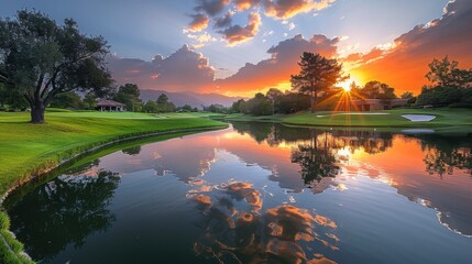 Majestic Sunset Over Golf Course With Pond