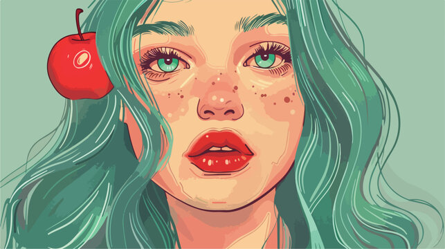 illustration of a girl with green hair and red apple.
