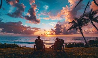 Obraz premium A couple welcomes the sunrise on the beach. Summer vacation and nature concept. For sea holiday. Landscape shot for wallpaper, poster, banner, card